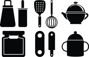 set of kitchen elements icon black silhouette