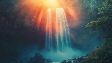 A bright waterfall captured in slow motion by a glowing drone, sunlight enhancing the mist and rainbows
