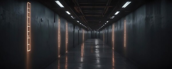 Empty prison corridors with flickering fluorescent lights, lackluster, empty