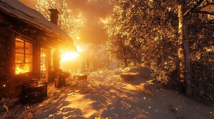 A cozy cabin surrounded by glowing snow, with a fire crackling inside, sunlight creating a soft golden glow