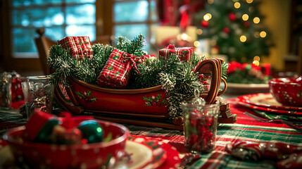 festive wooden sleigh centerpiece filled with gifts and greenery