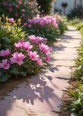 Cyclamen thistle flowers with delicate pink petals and golden yellow centers on a sunny garden path, flower in garden, sunshine, botanical