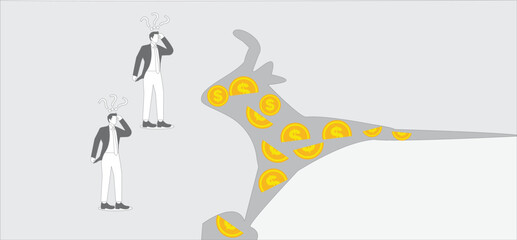 Failed business ventures, bankruptcies, stock market crashes, debt crises, failed investments, money losses, inflation, large cracks in the ground and accompanied by a large number of gold coins falli