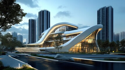 Obraz premium A modern architectural building with a sleek design, surrounded by urban landscape.