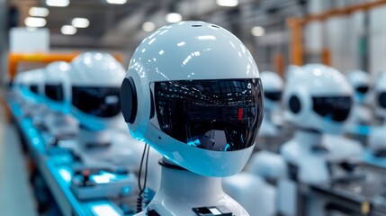 Assembly line of futuristic robot heads in a factory.
