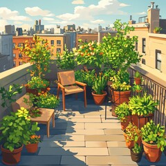 Naklejka premium Vibrant rooftop garden with lush greenery and colorful flowers, perfect for relaxation and enjoying city views.