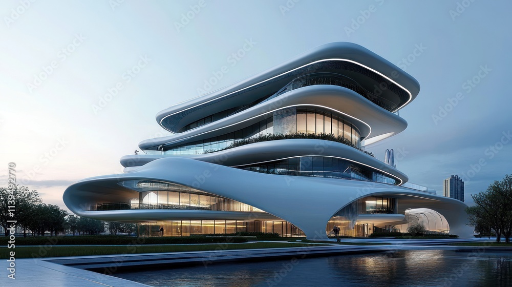 Poster A modern architectural structure with flowing lines and glass, set in a serene environment.