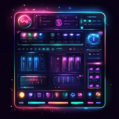 A vibrant, futuristic user interface with glowing neon elements, featuring controls and analytics in a cosmic setting.