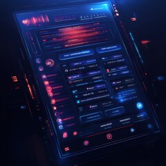 Obraz premium Futuristic digital interface with vibrant neon colors, showcasing technology and data analytics.