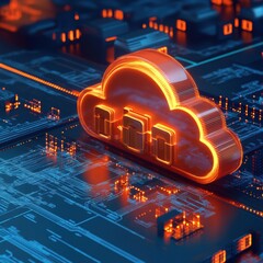 Vibrant cloud storage concept with glowing orange cloud icon over a digital circuit board background, symbolizing technology.