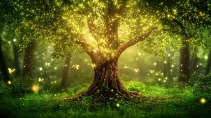 Magical glowing tree in enchanted forest with butterflies and fireflies.