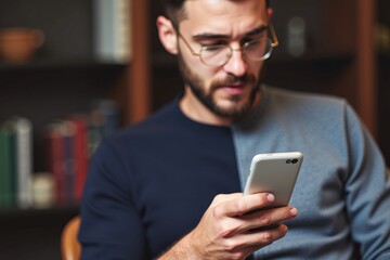 Focused Man Using Smartphone in Cozy Living Room, Ideal for Technology, Lifestyle, and Modern Living Blog Posts or Advertisements