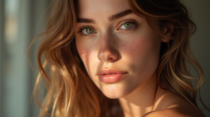 Natural young woman with freckles in sunlight with shadows on face. Natural beauty close-up of a blond woman.