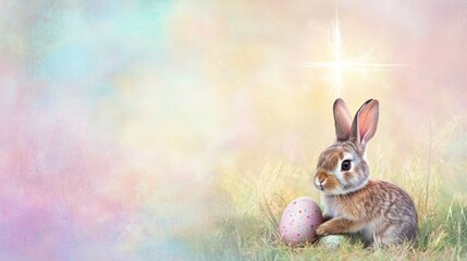 Obraz premium A bunny rabbit holding an Easter egg beside a shining cross on a soft pastel gradient background with room for text.