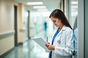 Professional Medical Doctor in White Coat Reviewing Digital Tablet in Modern Hospital Corridor, Ideal for Healthcare and Medical Concepts