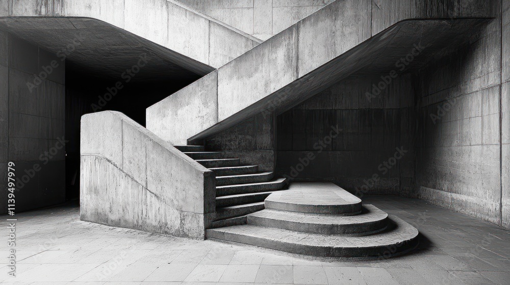 Aufkleber A monochromatic concrete staircase with geometric shapes and sharp angles in a minimalist space.