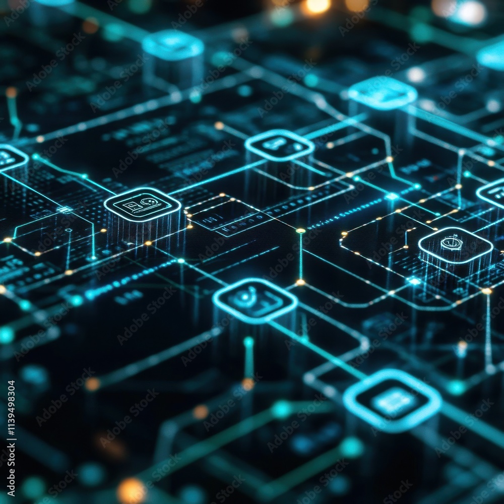 Poster abstract digital network circuitry with glowing blue lines and icons representing technology and con