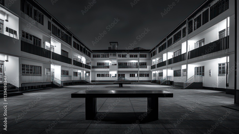 Aufkleber a monochrome courtyard featuring a central table surrounded by modern architecture.