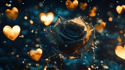 A close-up of a rose glistening with water, surrounded by warm glowing hearts, dark background perfect for text overlay.