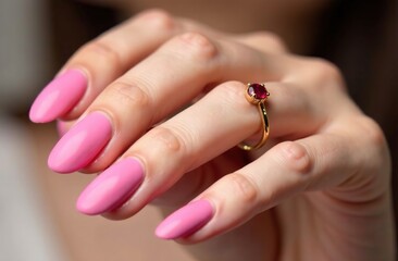 Close-up of women's hands with a fashionable pink matte manicure. On one of the fingers, on the second phalanx, there is a narrow ring with a red ruby, in the shape of a heart. Beauty salon.