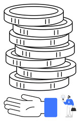 Stacked coins, outstretched hand, and businessman holding light bulb. Ideal for financial success, investment, entrepreneurship, strategy, innovation wealth reward concepts. Line metaphor