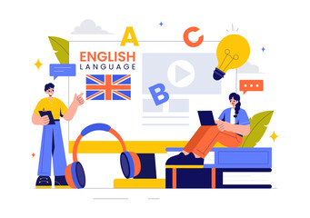 English Language Vector Illustration featuring Students Studying Foreign Languages, Global Communication, and Elementary Grammar Lessons Background