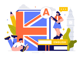 English Language Vector Illustration featuring Students Studying Foreign Languages, Global Communication, and Elementary Grammar Lessons Background