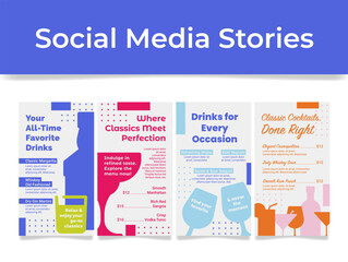 Four vibrant cocktail-themed social media story templates designed to promote your favorite drinks. Perfect for events and engaging your audience with a sophisticated selection.
