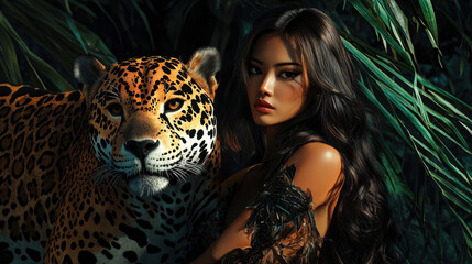 Woman and Jaguar in Jungle