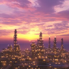 Fototapeta premium Industrial Refinery Sunset Glow A Vibrant Oil Processing Plant