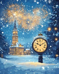 A winter night scene featuring a majestic clock and fireworks illuminating a snowy town square.