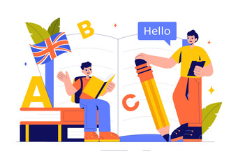 English Language Vector Illustration featuring Students Studying Foreign Languages, Global Communication, and Elementary Grammar Lessons Background