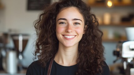 Young barista with curly hair in cafe, horizontal, pcoffee shop promotions, small business content, and hospitality services. cafe openings, barista training programs and coffee culture content.