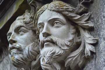 Obraz premium Intricate Stone Carvings:Ancient Faces of History and Mythology Depicted in Detailed Stone Sculptures