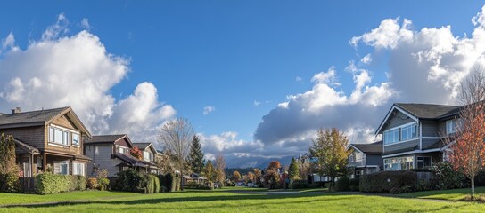 Suburban street scene with houses, lawns, and autumnal trees under a partly cloudy blue sky.