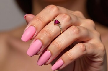 Close-up of women's hands with a fashionable pink matte manicure. On one of the fingers, on the second phalanx, there is a narrow ring with a red ruby, in the shape of a heart. Beauty salon.