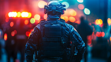 A military-style figure in dark clothing, standing in a crowd at night, with bright emergency lights in the background.