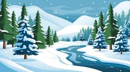Winter landscape art snowy mountains and river scene peaceful nature illustration scenic viewpoint