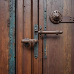 Fototapeta premium Iron door handle on wooden door with a patina finish , metal, door handle, wooden door