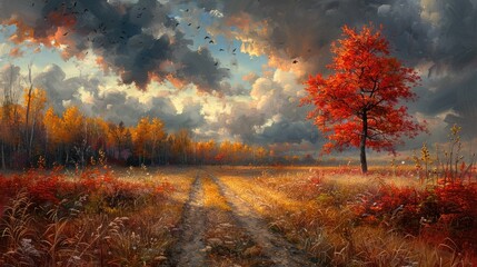 Autumn landscape with a vibrant red tree in a field, dirt road, and cloudy sunset.