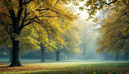 Autumnal Serenity: Golden leaves gently drift through a misty autumn park, illuminating the scene with a warm, ethereal glow.  The tranquil atmosphere invites contemplation and peace. 
