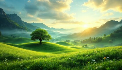 Serene Sunrise in the Alps: A solitary tree stands sentinel on a verdant hilltop, bathed in the golden light of a breathtaking sunrise over the majestic Alps.