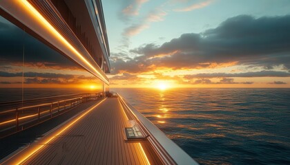 Obraz premium A serene cruise ship deck where travelers consult a glowing tablet for their vacation plans, sunlight sparkling on the water