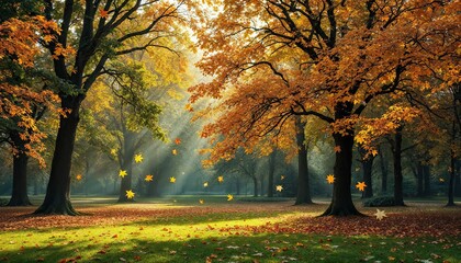 Autumnal Enchantment: Sunbeams dance through vibrant fall foliage, creating a magical scene in a tranquil park. Golden leaves gently descend, painting the landscape in warm, inviting hues.