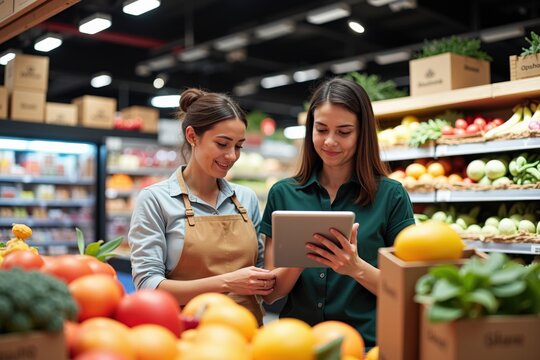 Fresh Produce Market: Two Women Discussing Inventory Using a Tablet, Ideal for Online Grocery Sales and Marketing - Powered by Adobe