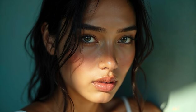 Sunlit Gaze: A captivating portrait of a young woman with striking green eyes, framed by a soft light, invites the viewer to engage with her enigmatic expression.