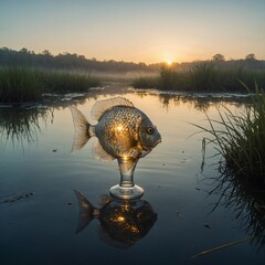 A surreal fish with a glowing mirror cup inside, swimming through a foggy marsh at twilight with soft, golden light filtering through.