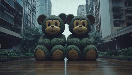 Two Green Topiary Monkey Statues Sitting in Rainy Cityscape Park
