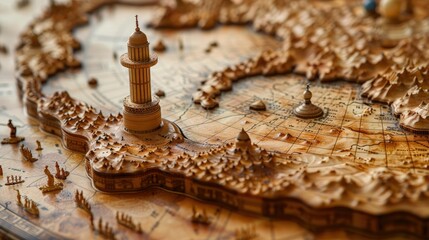 Close-up of a detailed wooden model of a world map with a lighthouse.