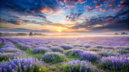 Fototapeta premium stunning lavender field stretches under colorful sunrise, with vibrant purple flowers and misty landscape creating serene atmosphere